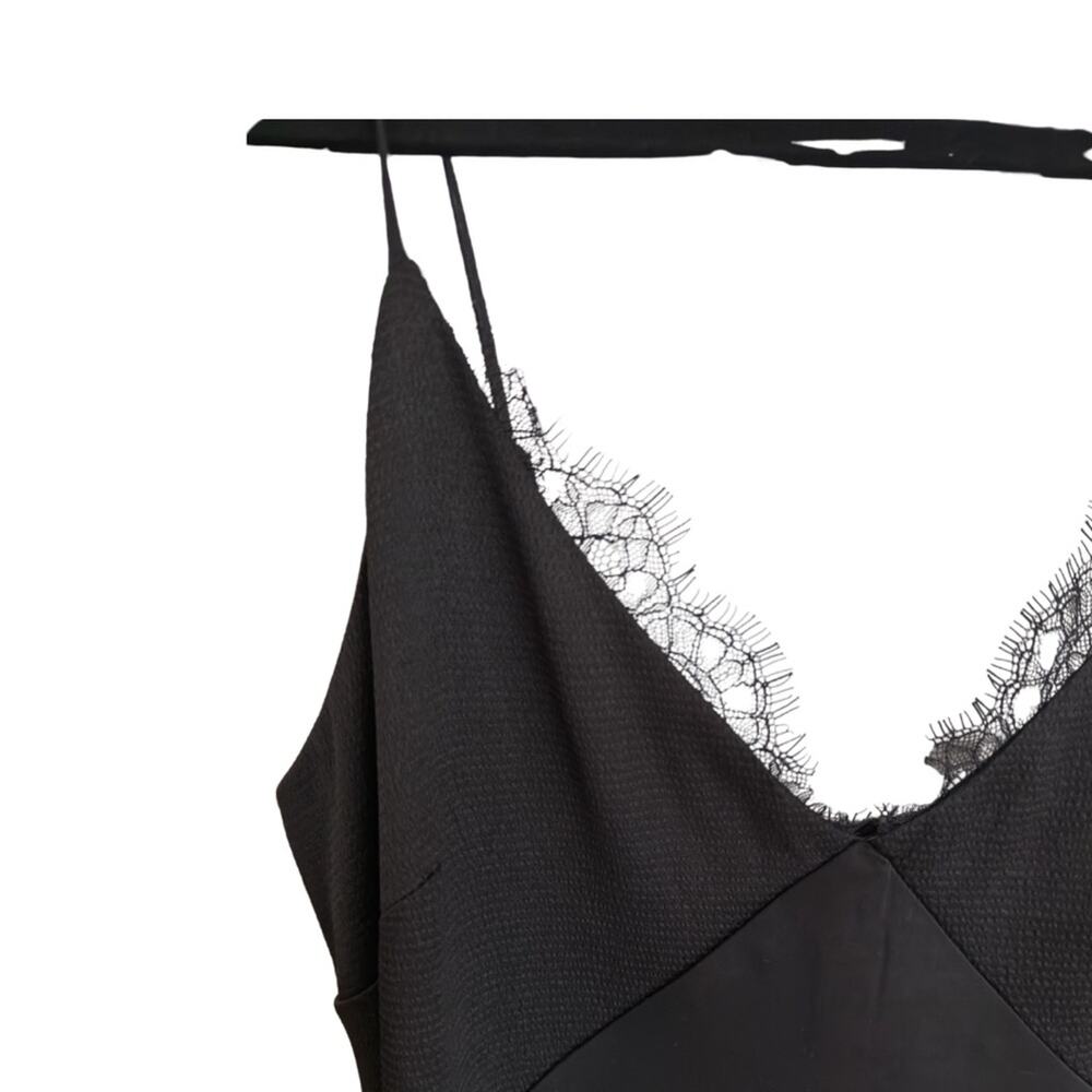 Black Satin Slip Dress Lace Trim Midi High Low Spaghetti Strap Goth M - Picture 2 of 8